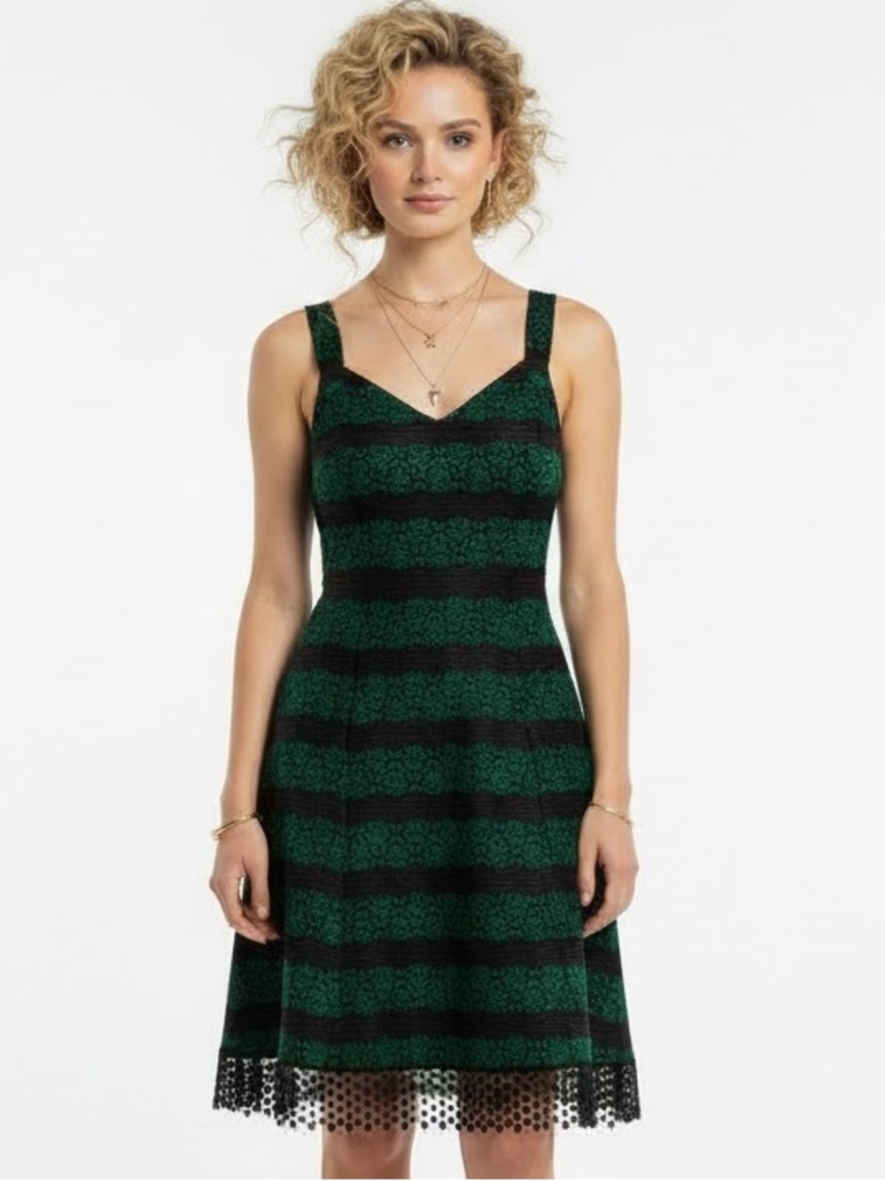 Donna Ricco Forest Green and Black Floral Striped Lace Midi Dress